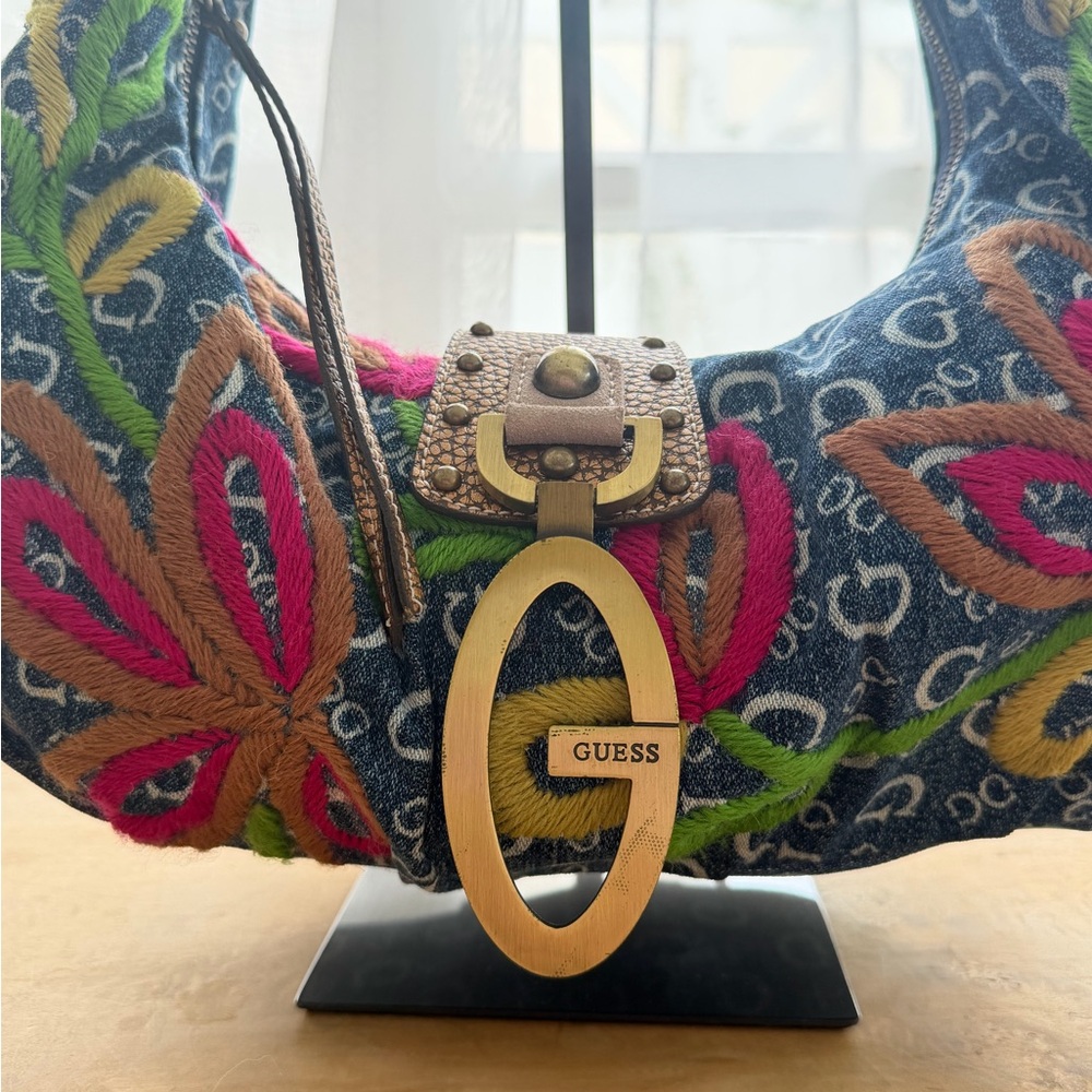 GUESS Denim Hobo Bag with Colorful Embroidery - Picture 2 of 5